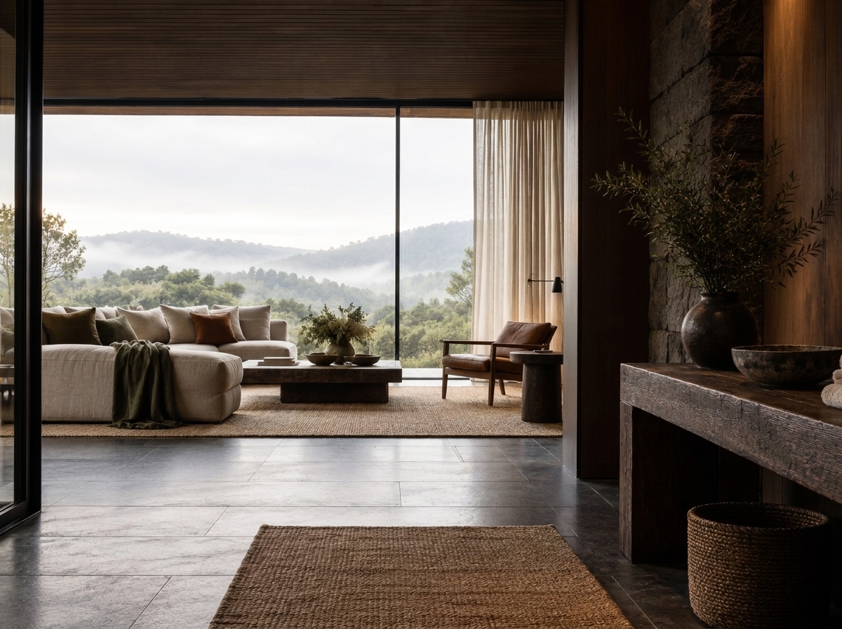 Sala contemporânea com vista para a paisagem da Serra Gaúcha